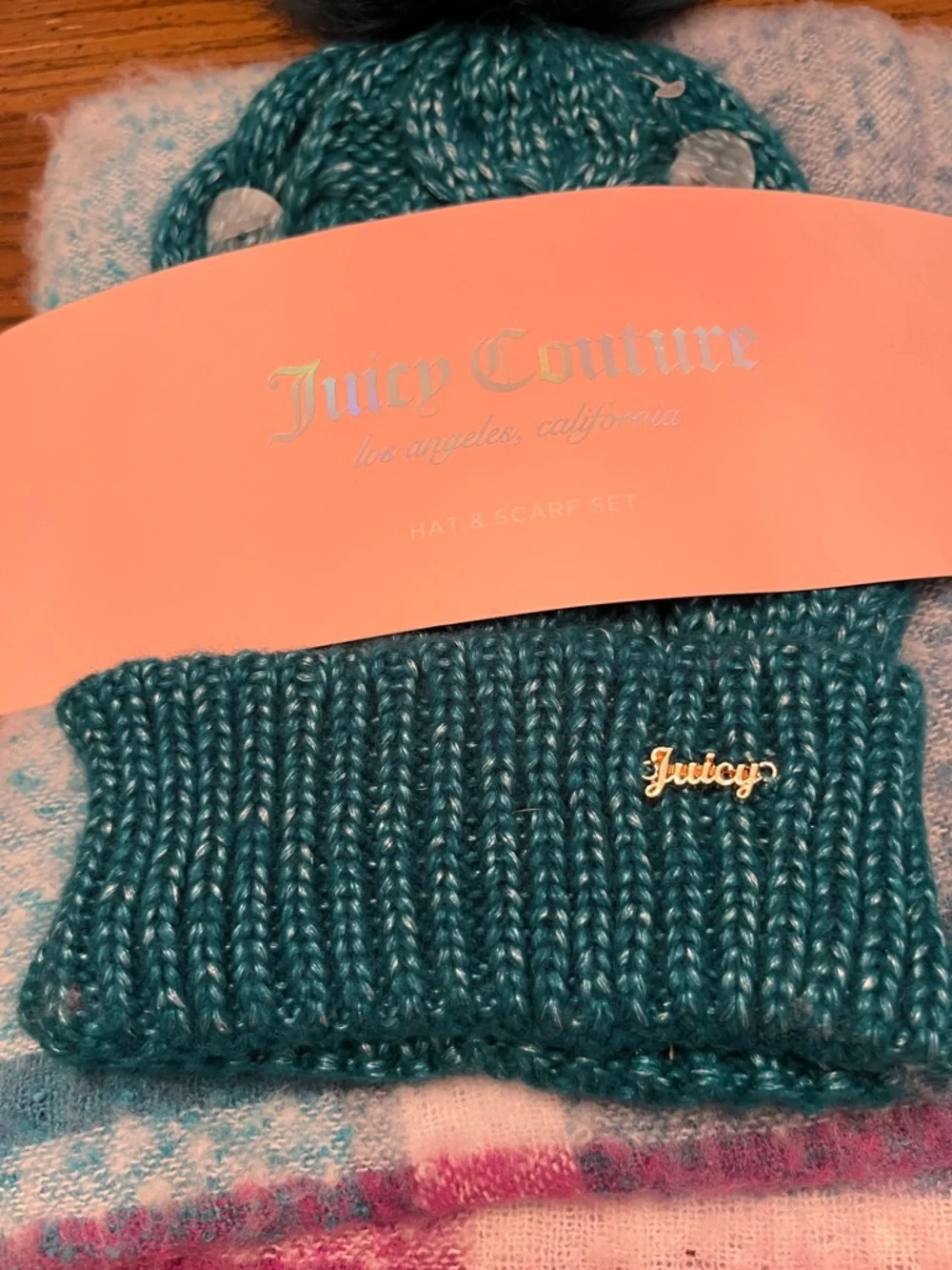 Juicy Couture Teal Knit Pom Hat‎ with Pastel Multicolor Scarf, new